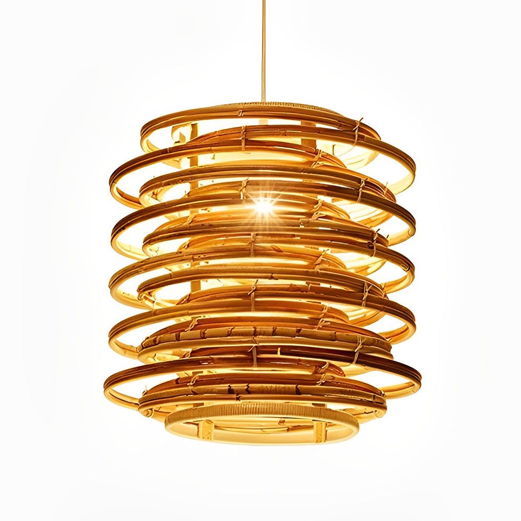 Bamboo pendant lights with a layered design, providing ambient lighting.