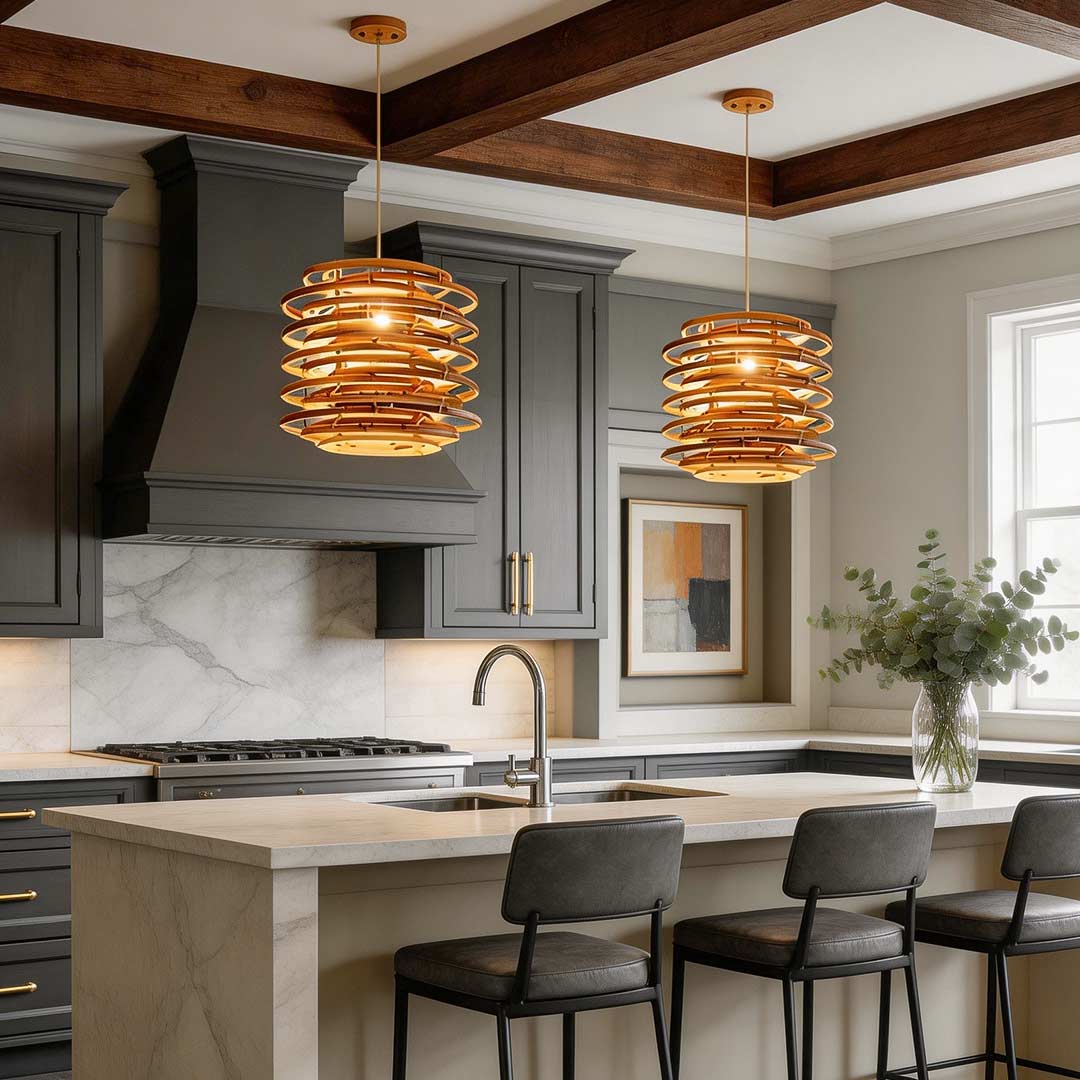 Bamboo pendant lights with a modern design, illuminating a contemporary kitchen island.
