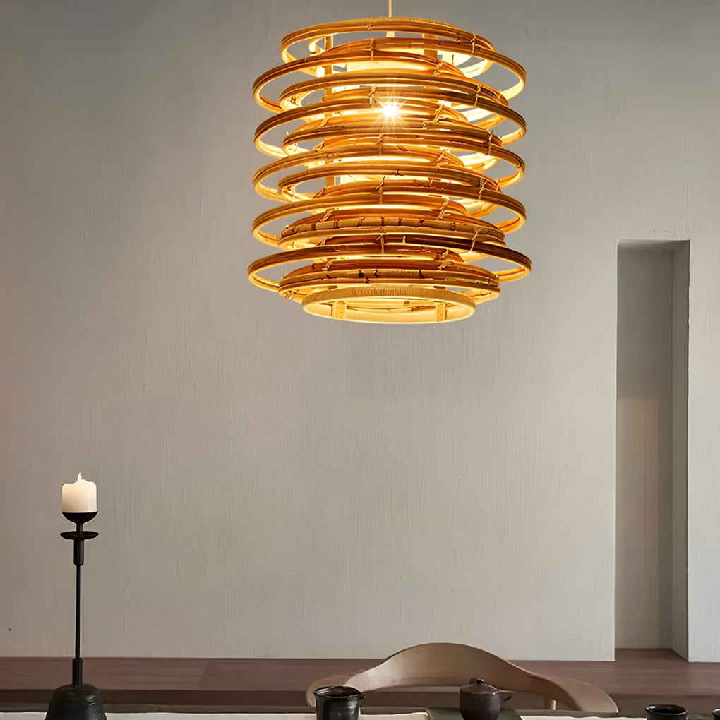 Bamboo pendant lights with a modern design, hanging in a minimalist interior.
