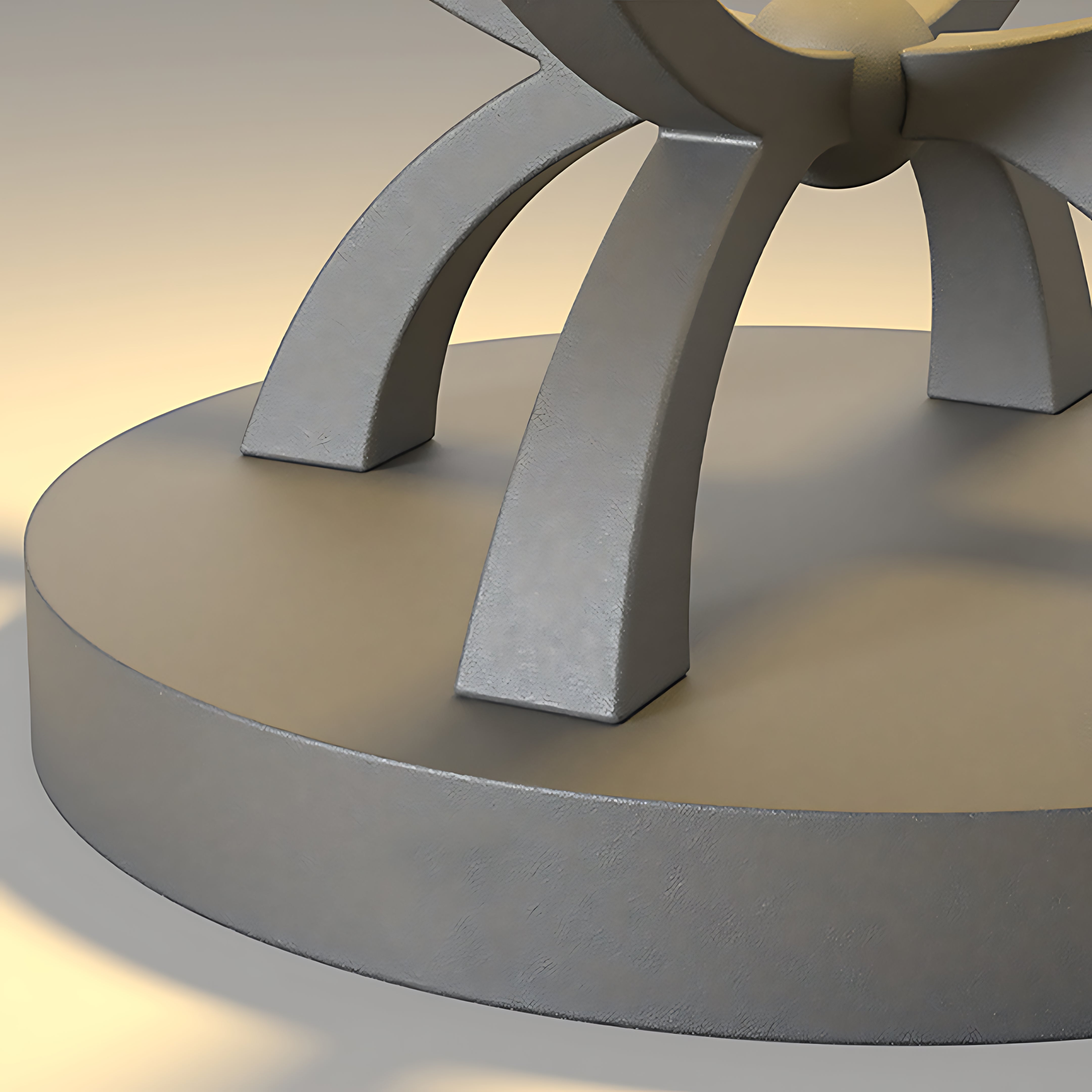 Detail view of hollow square pillar light base showing curved architectural supports and circular foundation design