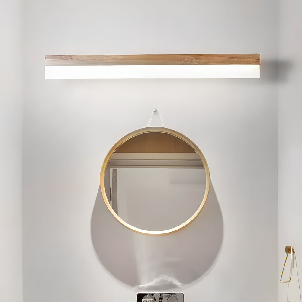 Bath bar vanity light with a close-up of its wooden and metal structure.