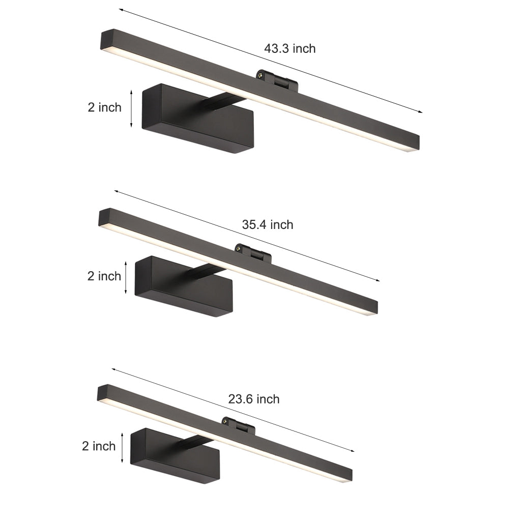 Set of three modern bath bar vanity lights in 25.6-inch, 35.4-inch, and 45.3-inch lengths with sleek black rectangular accents.