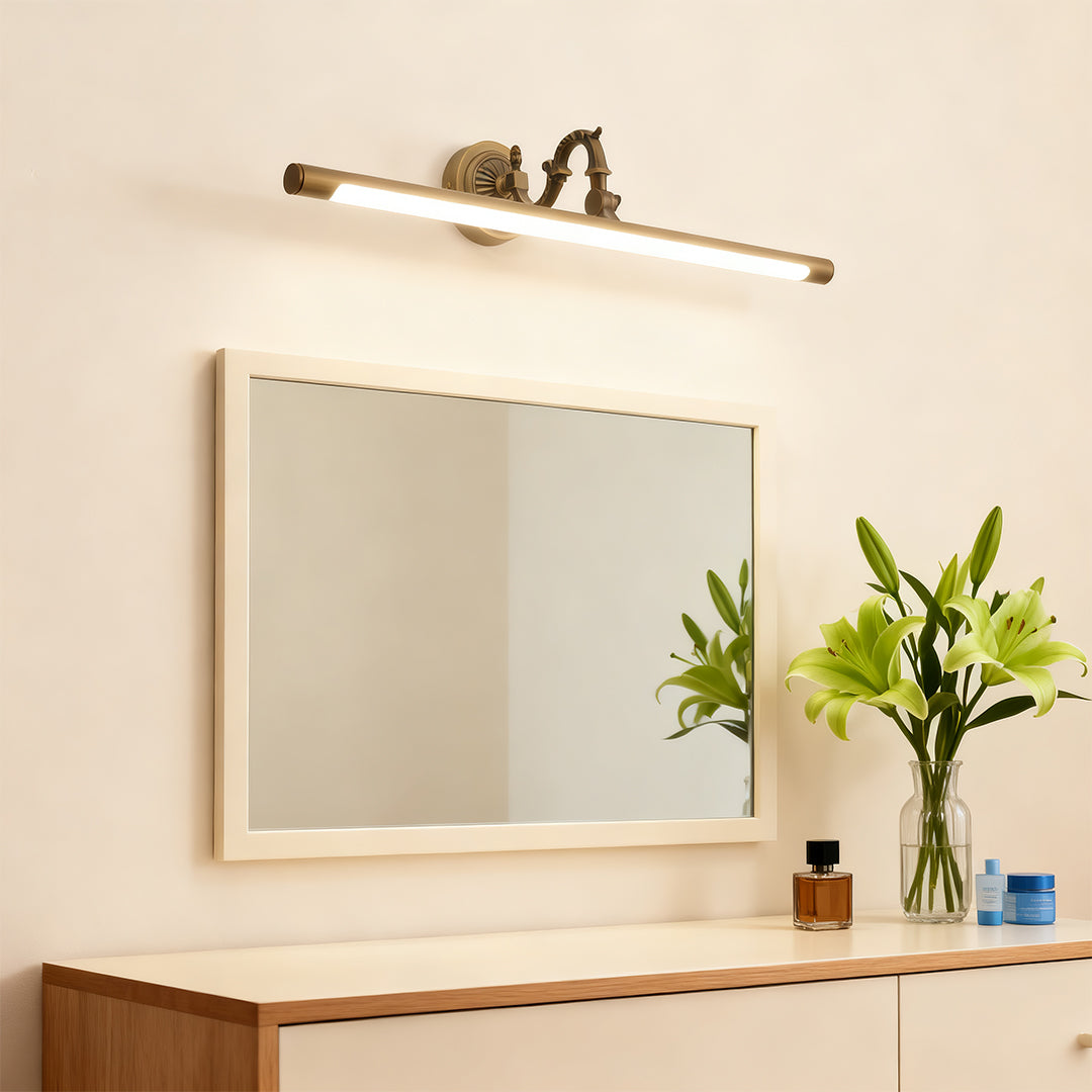 Bathroom LED vanity light providing even illumination above mirror in neutral contemporary bathroom.