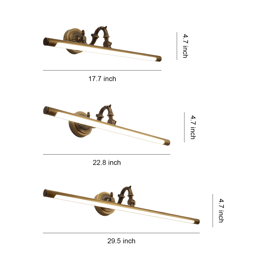 Bathroom LED vanity light technical drawing showing three size options with dimension measurements on white background.
