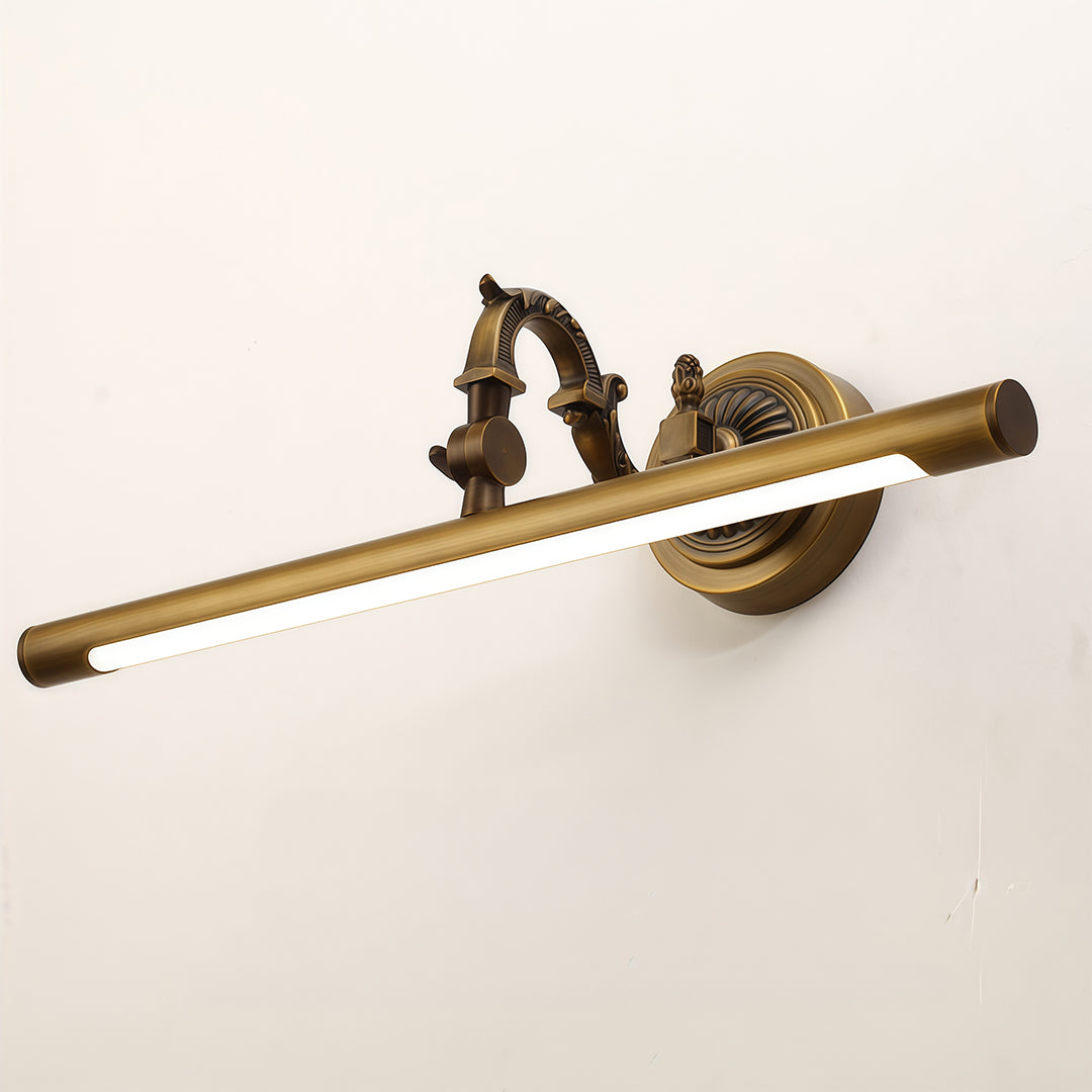Bathroom LED vanity light displayed on white wall showing adjustable arm and LED bar detail.
