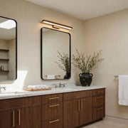 Bathroom vanity bar light installed above a framed mirror in a modern bathroom with dark wood cabinetry.