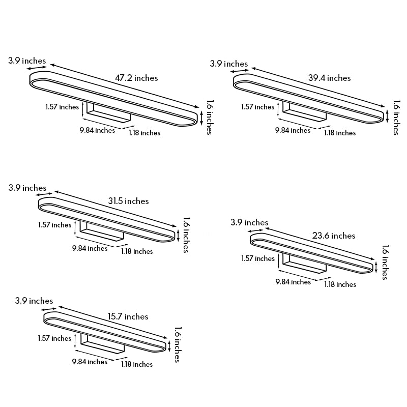 Dimension diagram of bathroom vanity bar light showing 47.2, 39.4, 31.5, 23.6, and 15.7 inch sizes.