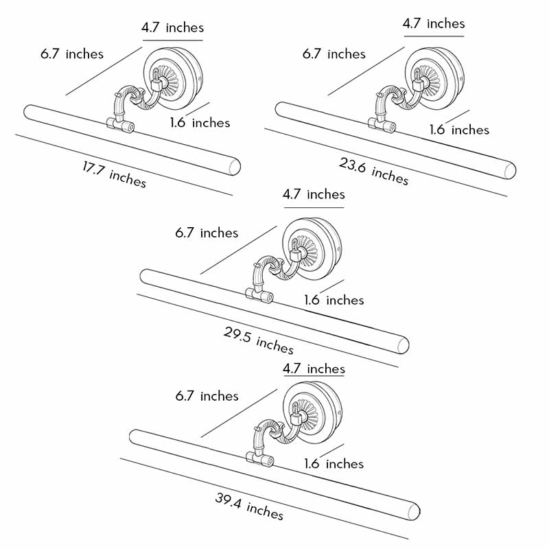 Dimension drawing of bathroom vanity bar light fixtures showing multiple size options and installation measurements.