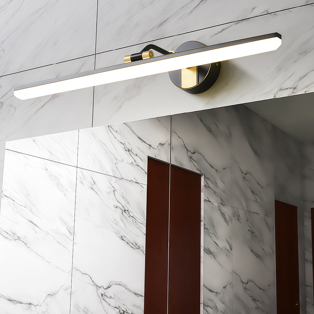 Black and gold bathroom vanity LED light with a focus on the gold accents and modern design.