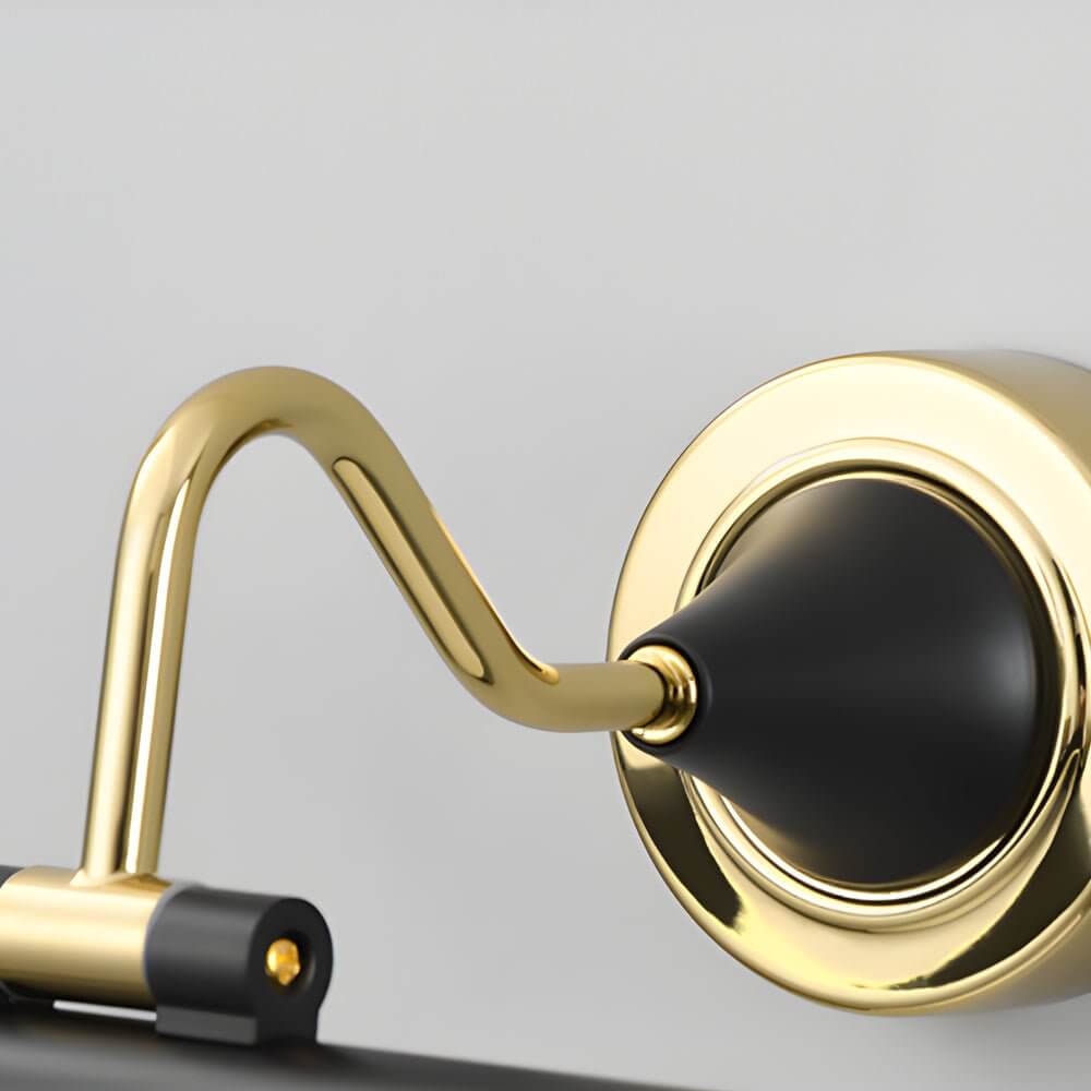 Bathroom vanity light black and gold, close-up of the gold switch and black arm.