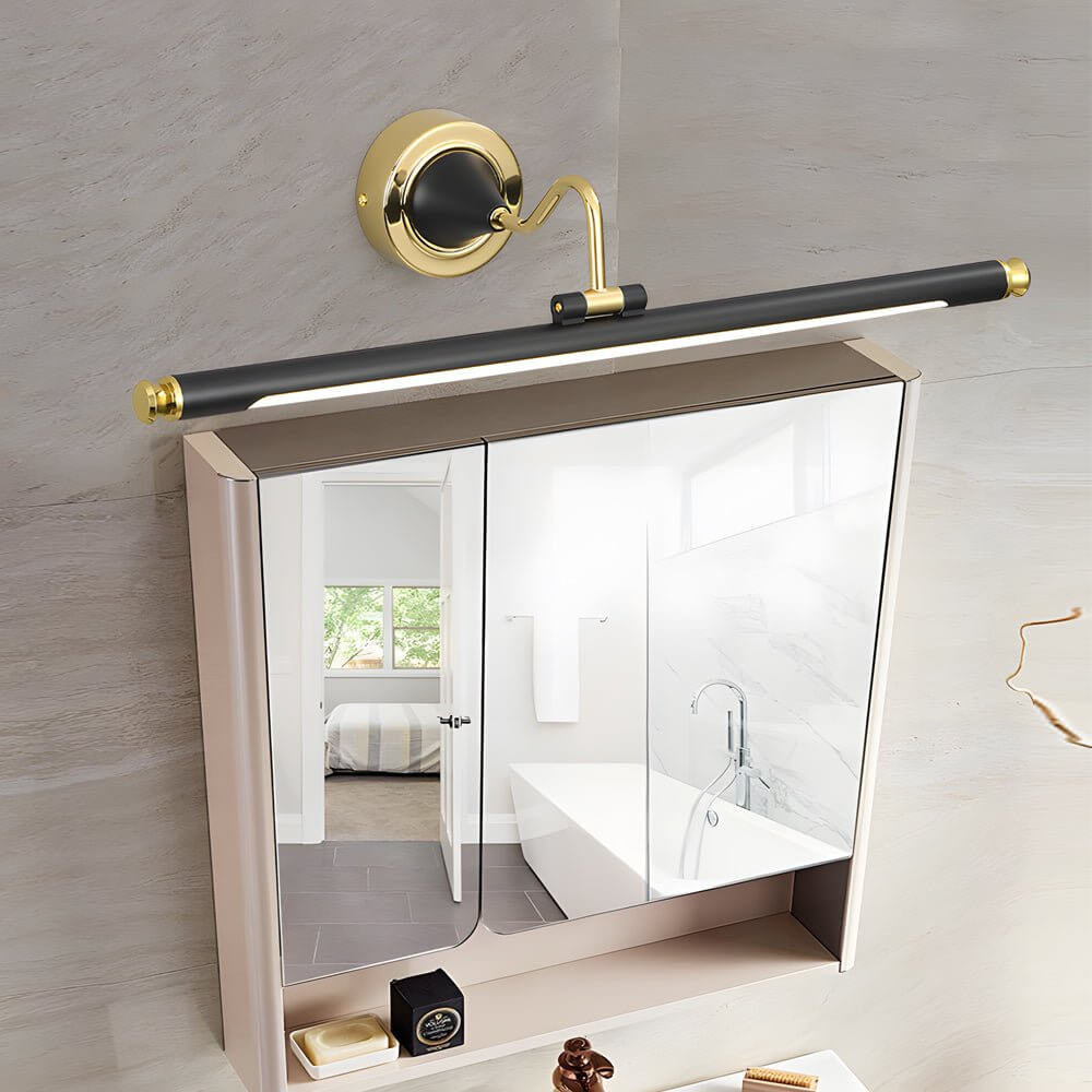 Bathroom vanity light black and gold, close-up view of its sleek arm and gold details.
