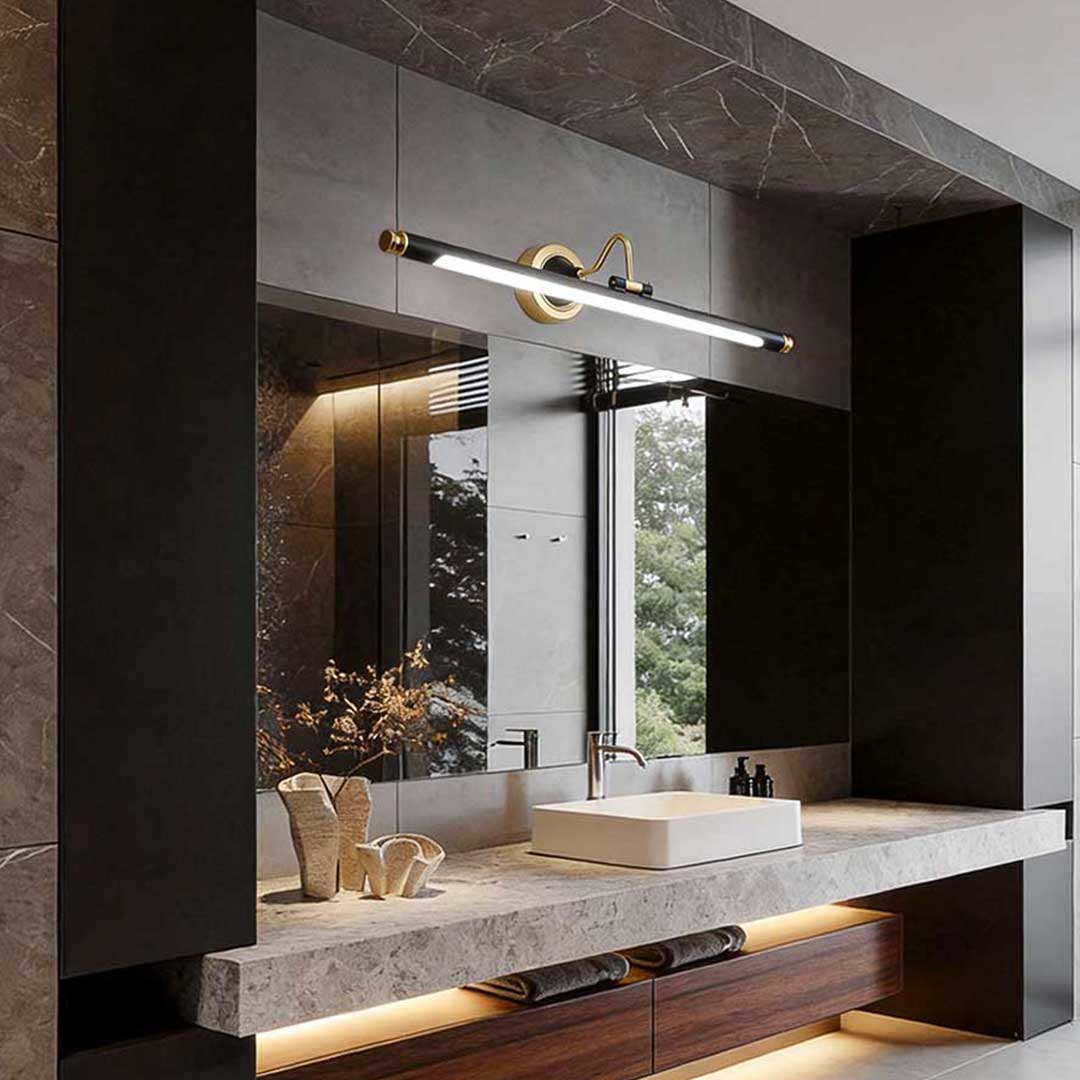 Bathroom vanity light black and gold enhancing a contemporary bathroom with marble countertop and sink.