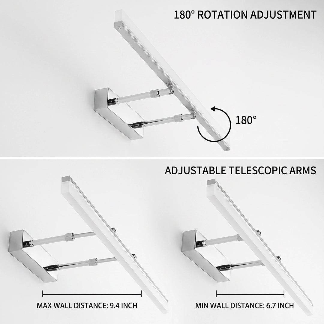 Feature diagram of bathroom vanity lights gold showing 180° rotation and adjustable telescopic arms.