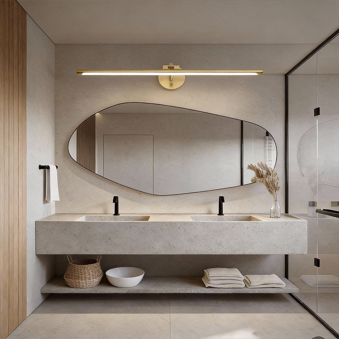 Sleek black bathroom vanity strip light mounted above a bathroom mirror, providing stylish and efficient lighting for the vanity area.