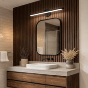 Modern bathroom vanity strip light illuminating the mirror, with a sleek and minimalist design above the sink, creating a bright and clean look.