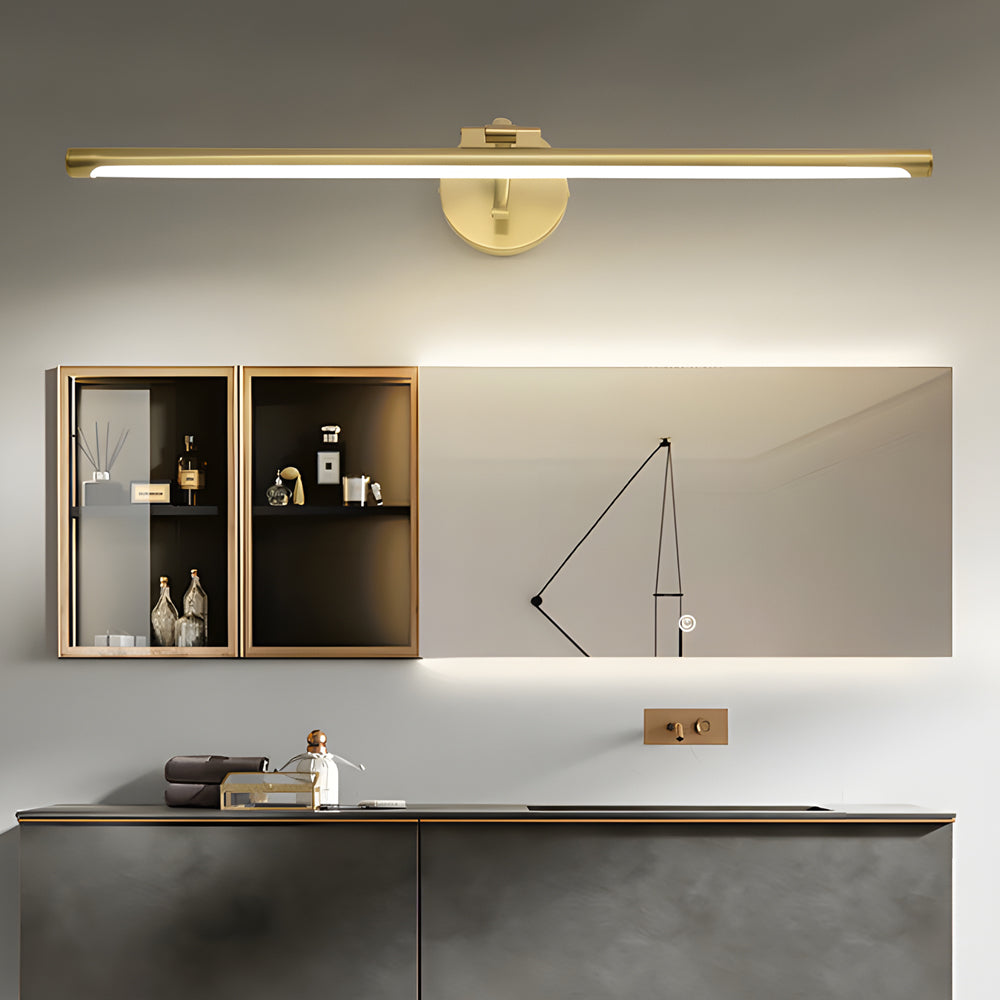 Black bathroom vanity strip light mounted above a large bathroom mirror, providing excellent lighting for grooming and tasks.