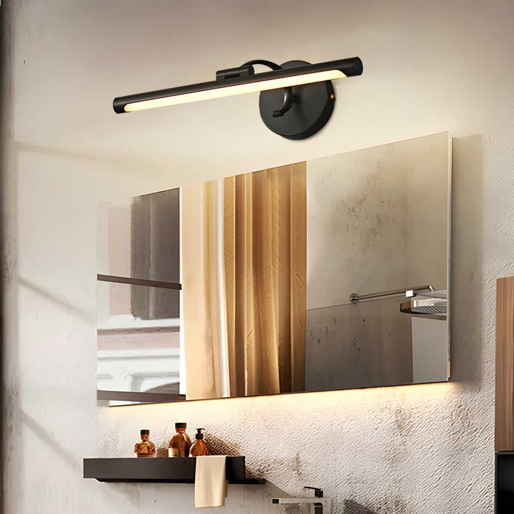 Minimalist black bathroom vanity light mounted over a bathroom mirror, designed to complement modern bathroom decor with practical lighting.