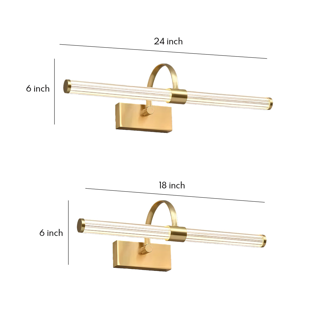 Bathroom vanity wall light technical drawing showing two size options with gold finish and dimension measurements on white background.