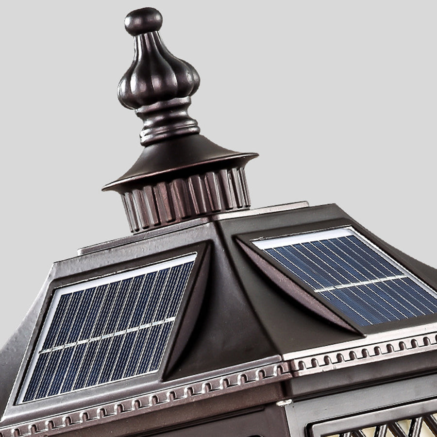 Mission-style post light with geometric glass panels and craftsman-inspired metalwork design