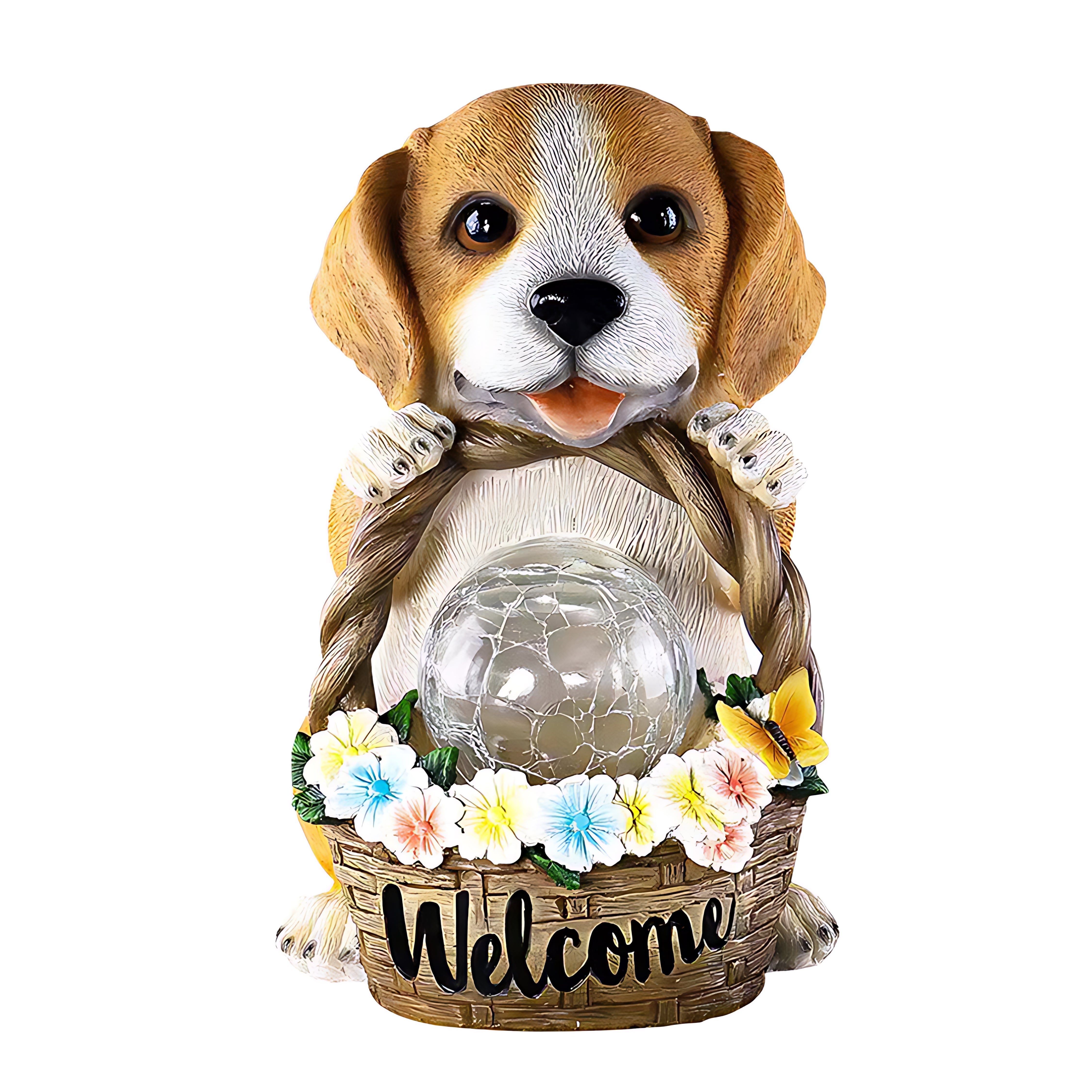 Beagle puppy garden statue holding illuminated welcome sign with colorful flower decorations