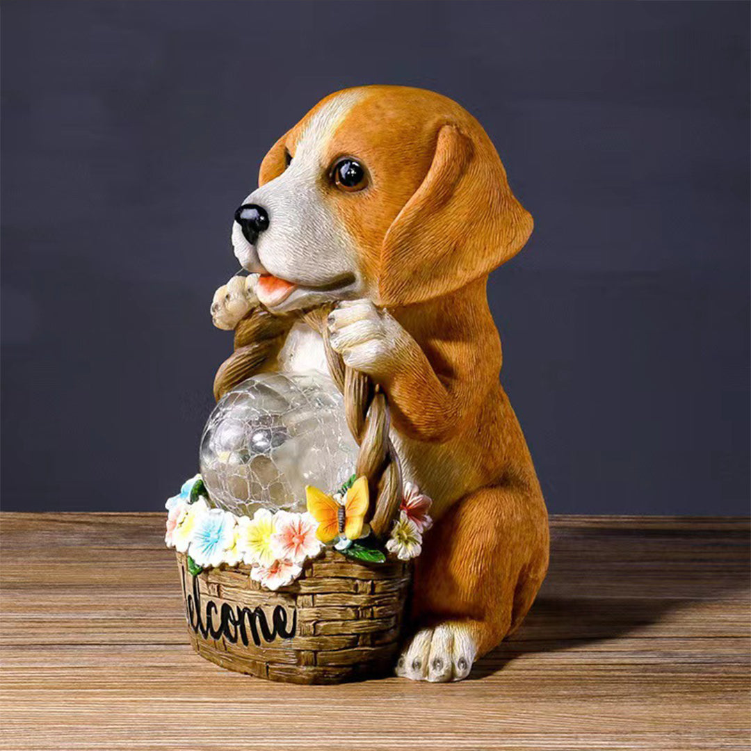 Beagle welcome ornament with glowing basket on dark wooden surface showing evening lighting