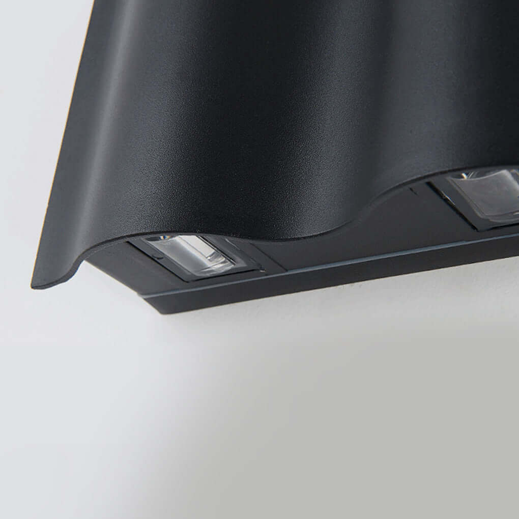 Close-up of a black beam wall light showing detailed texture and focused light beams.