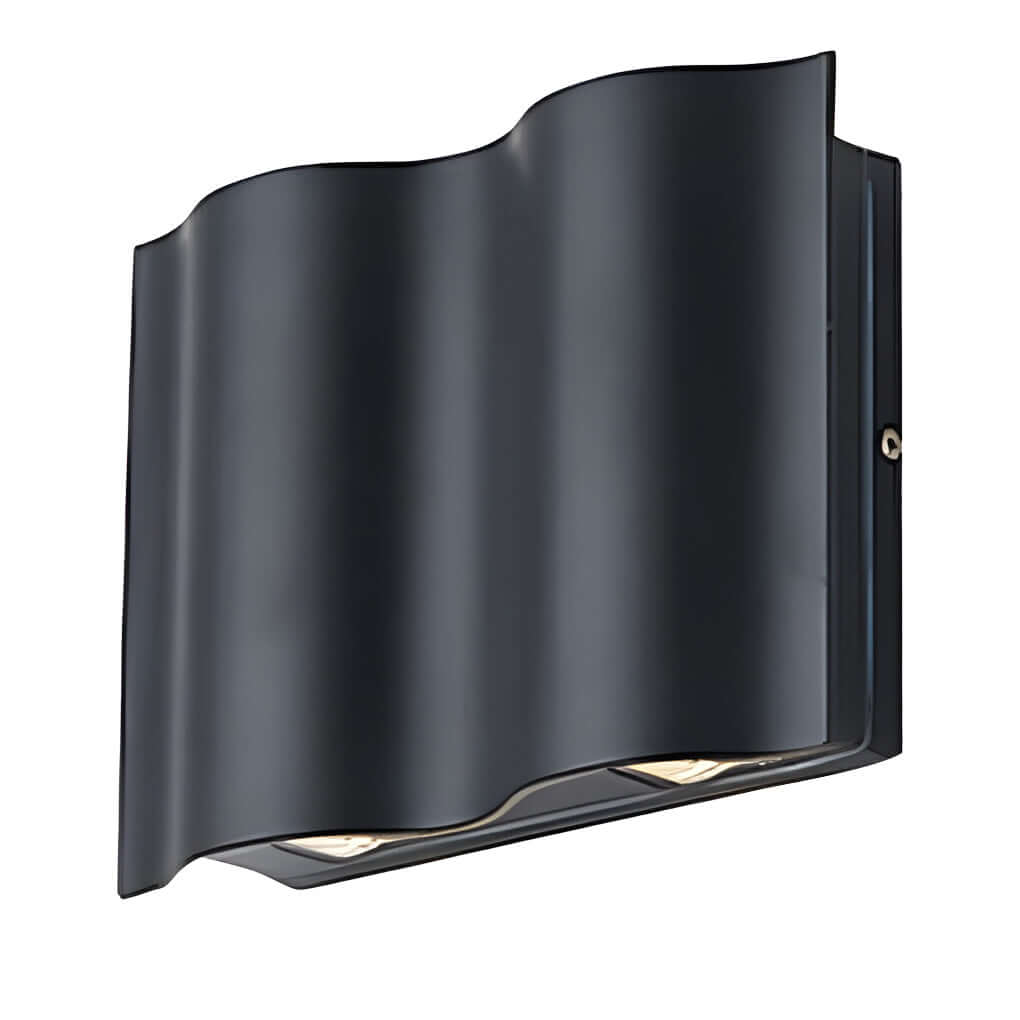 Black beam wall light with a curved design, casting light beams on a white background.