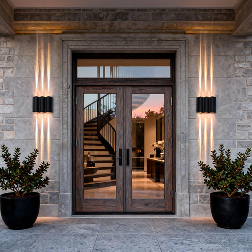 Beam wall light installed beside a modern entrance, casting upward and downward light beams.