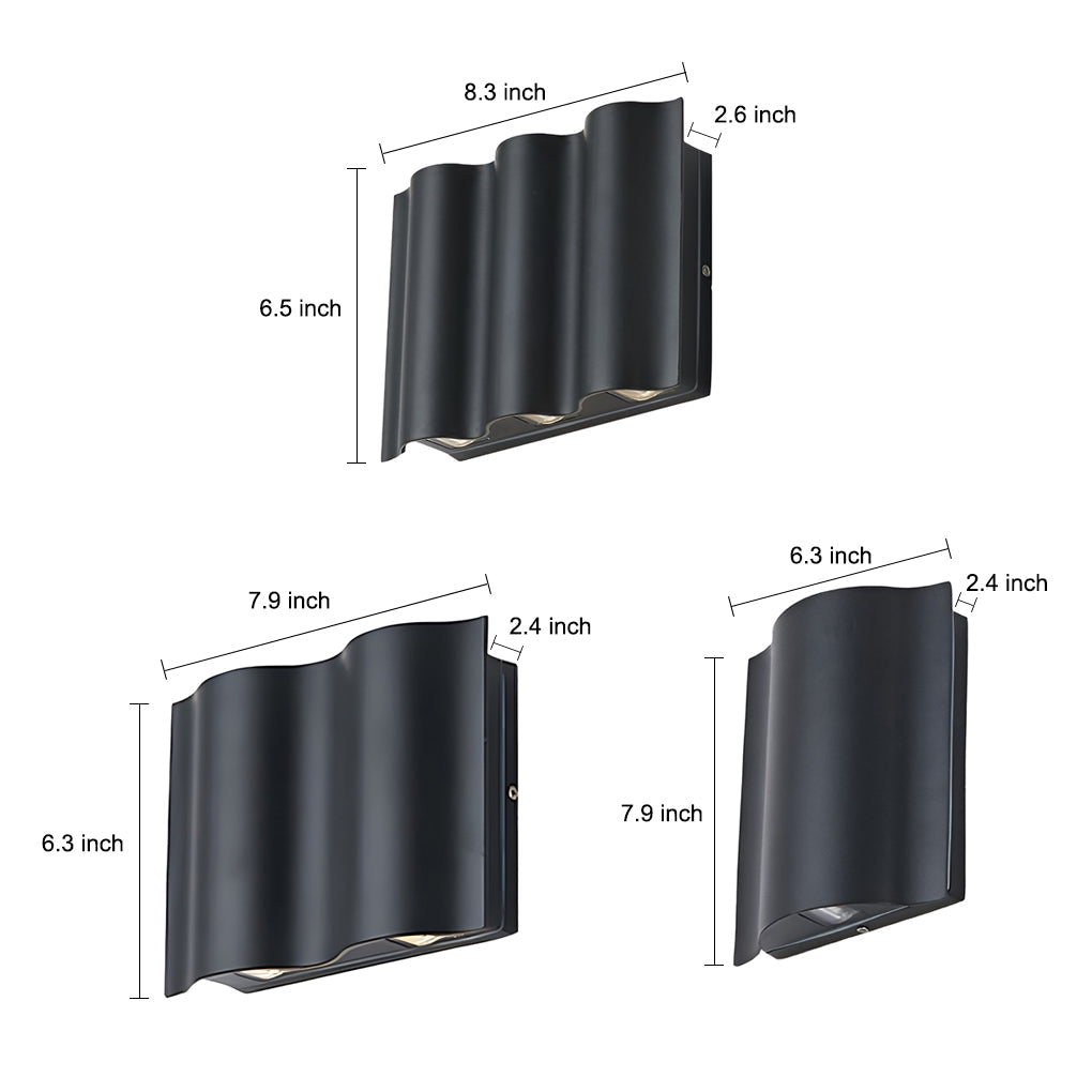 Set of black beam wall lights with dimensions 6.3x4.5x2.4 inches, 7.9x4.7x2.4 inches, and 6.3x4.5x2.4 inches.