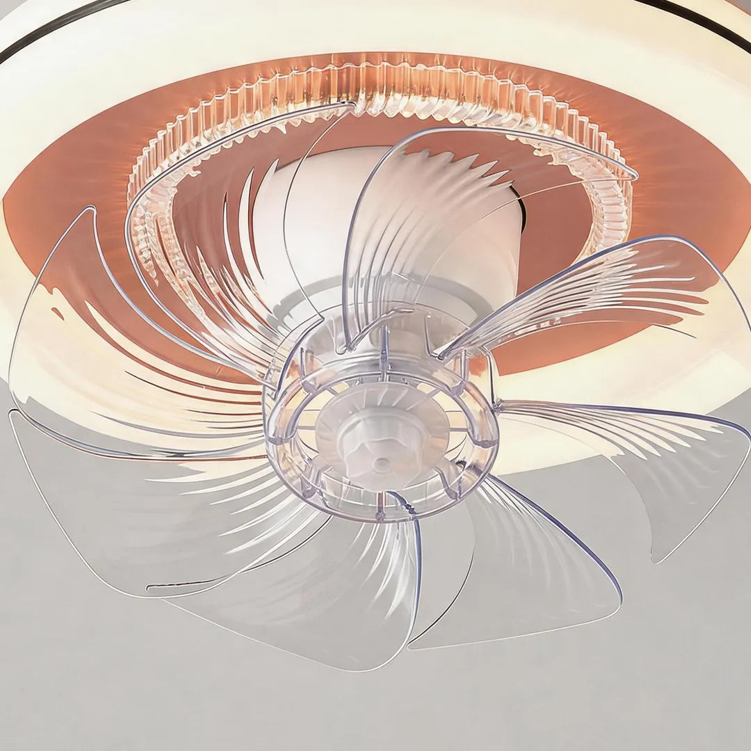 Close-up of beautiful ceiling fans with lights showing clear fan blades and layered illuminated rings.