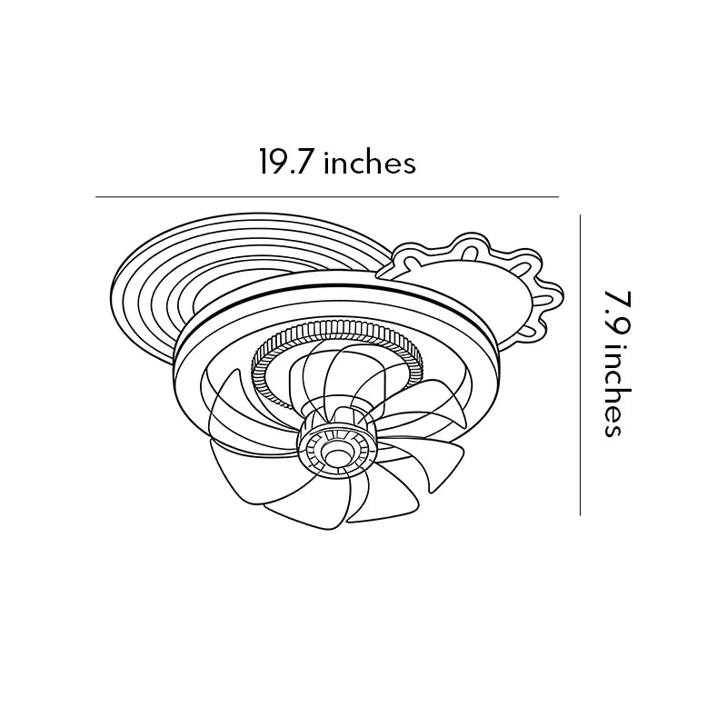 Dimension diagram of beautiful ceiling fans with lights showing 19.7-inch width and 7.9-inch height.