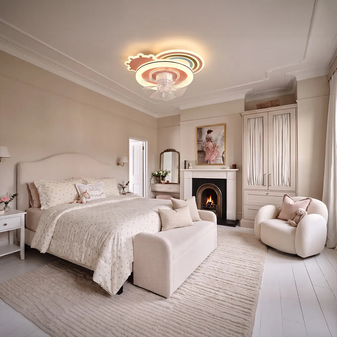 Beautiful ceiling fans with lights installed in a spacious bedroom with a fireplace and neutral furniture.