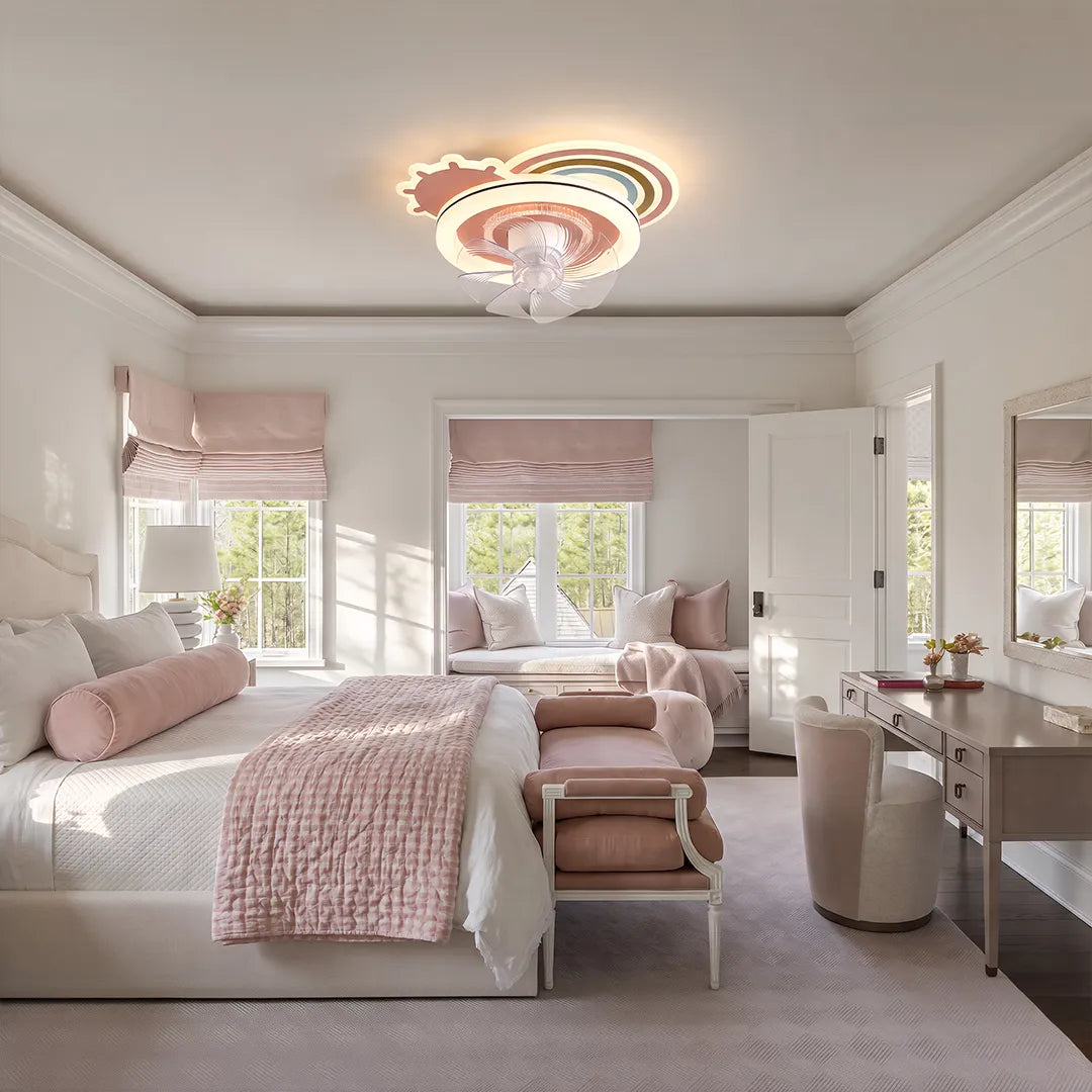 Beautiful ceiling fans with lights mounted above a pink-toned bedroom with large windows and soft furnishings.