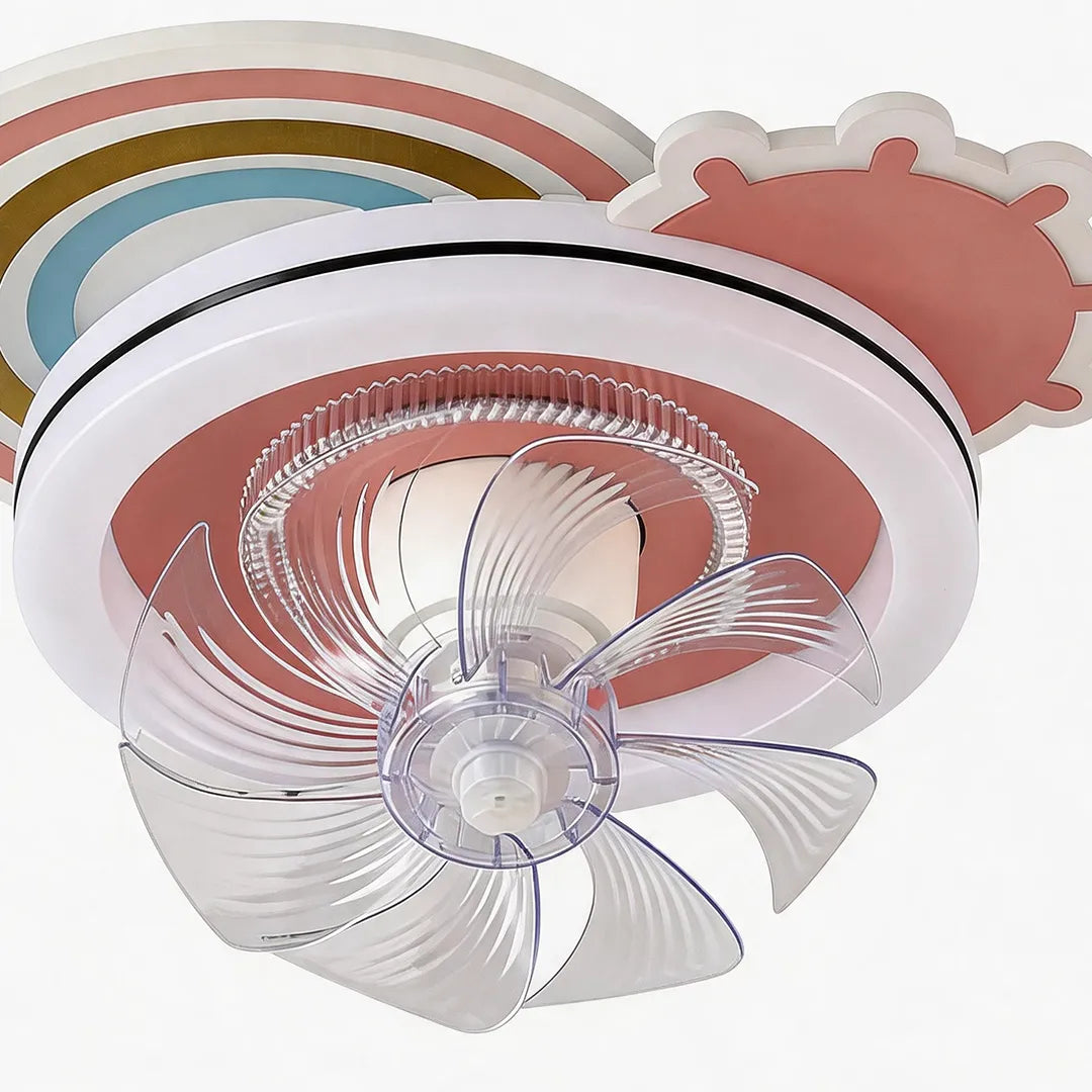 Close-up of beautiful ceiling fans with lights featuring colorful rings and clear fan blades.