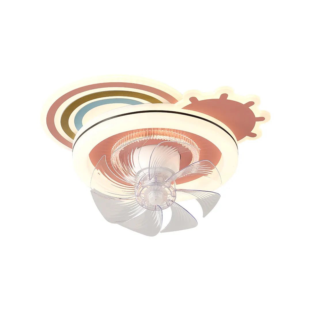 Beautiful ceiling fans with lights featuring colorful ring accents and clear blades shown on white.