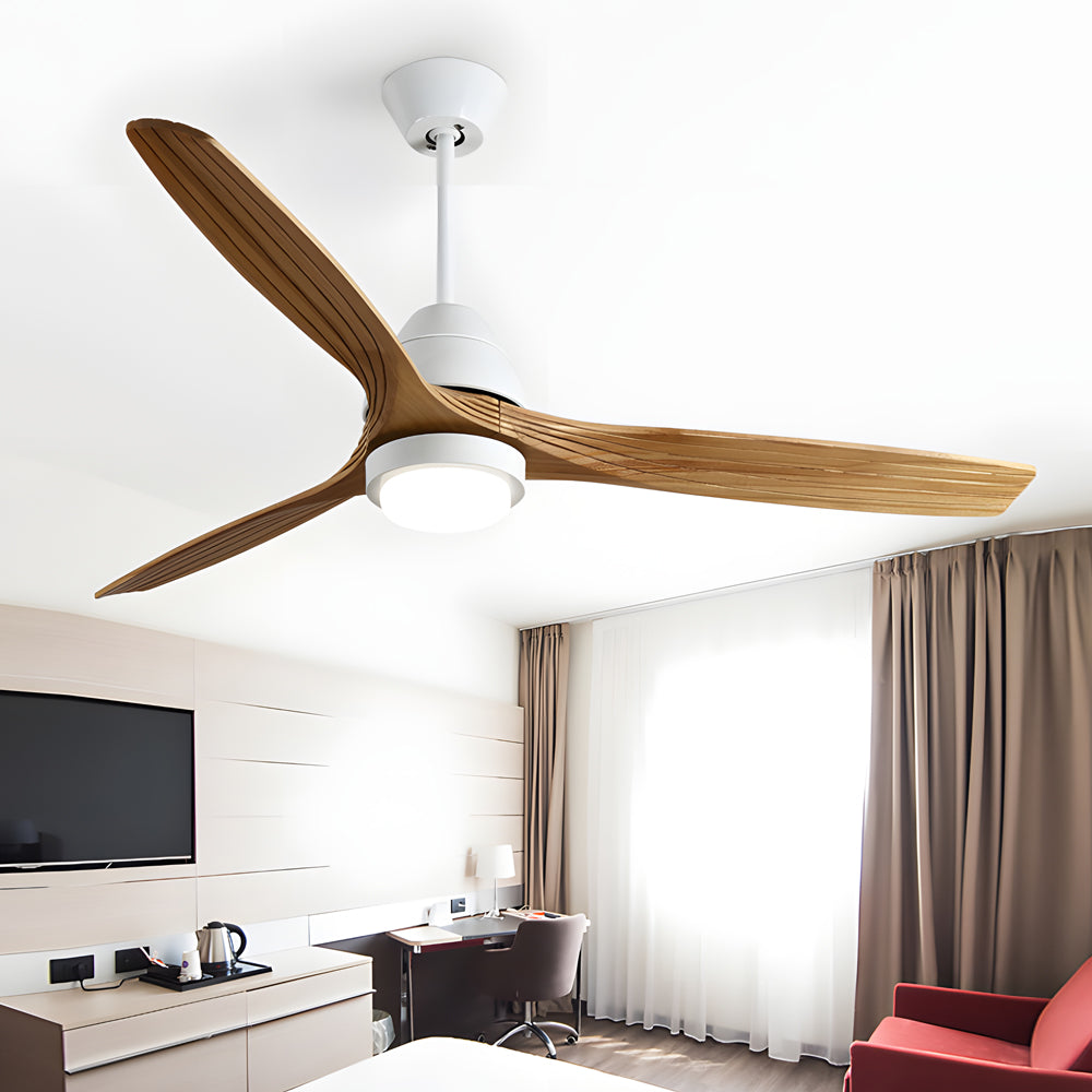 Minimalist 52 inch ceiling fans with lights installed in a bright, contemporary bedroom.