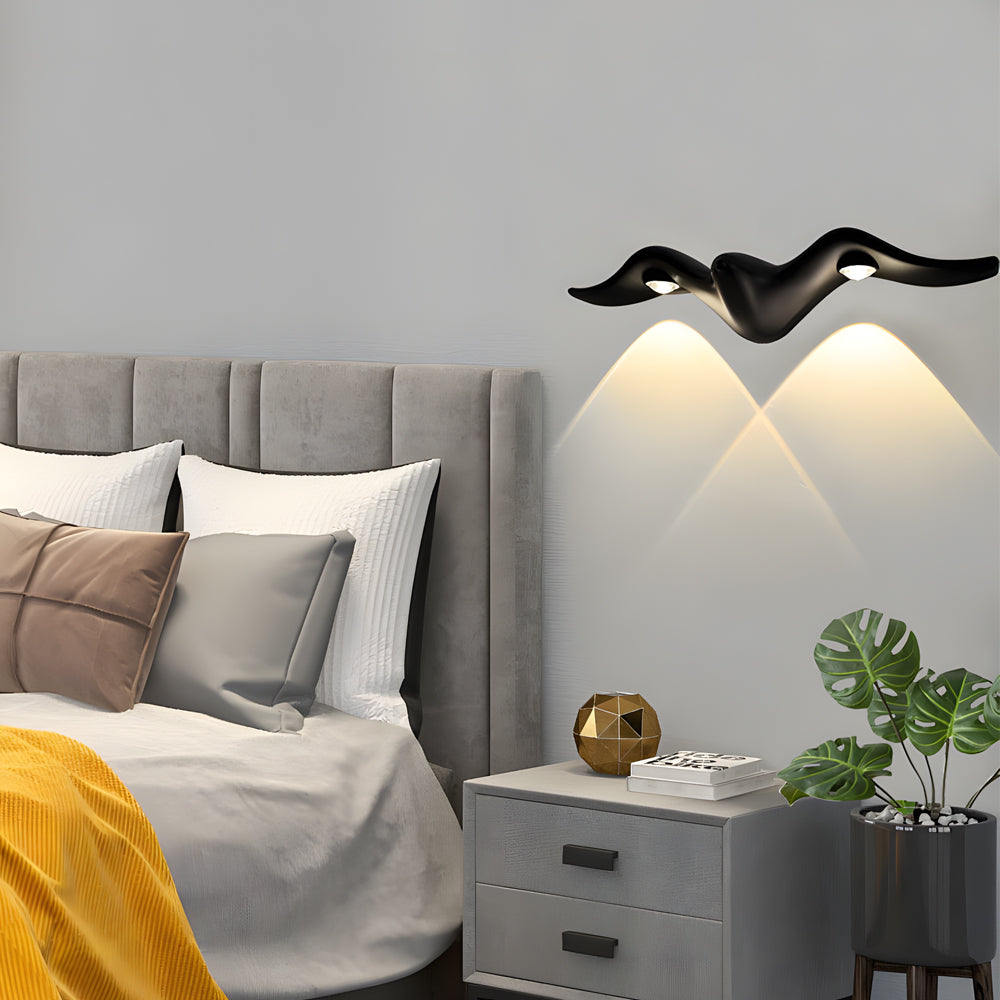 Contemporary two light outdoor wall sconce installed in bedroom creating ambient lighting atmosphere