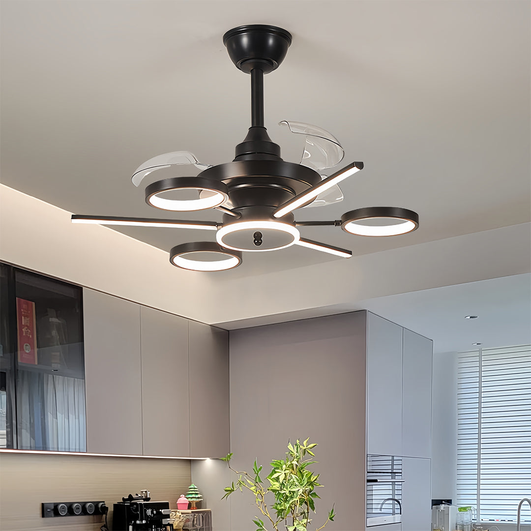 Black ceiling fans with multiple lights installed in a cozy bedroom, providing both illumination and air circulation