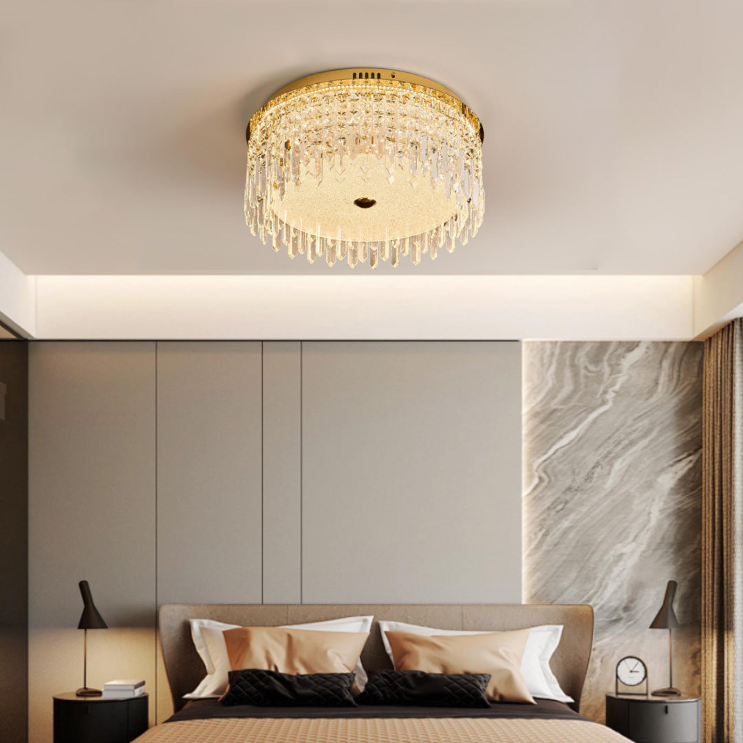 Crystal ceiling lights flush mount installed in bedroom with soft lighting.