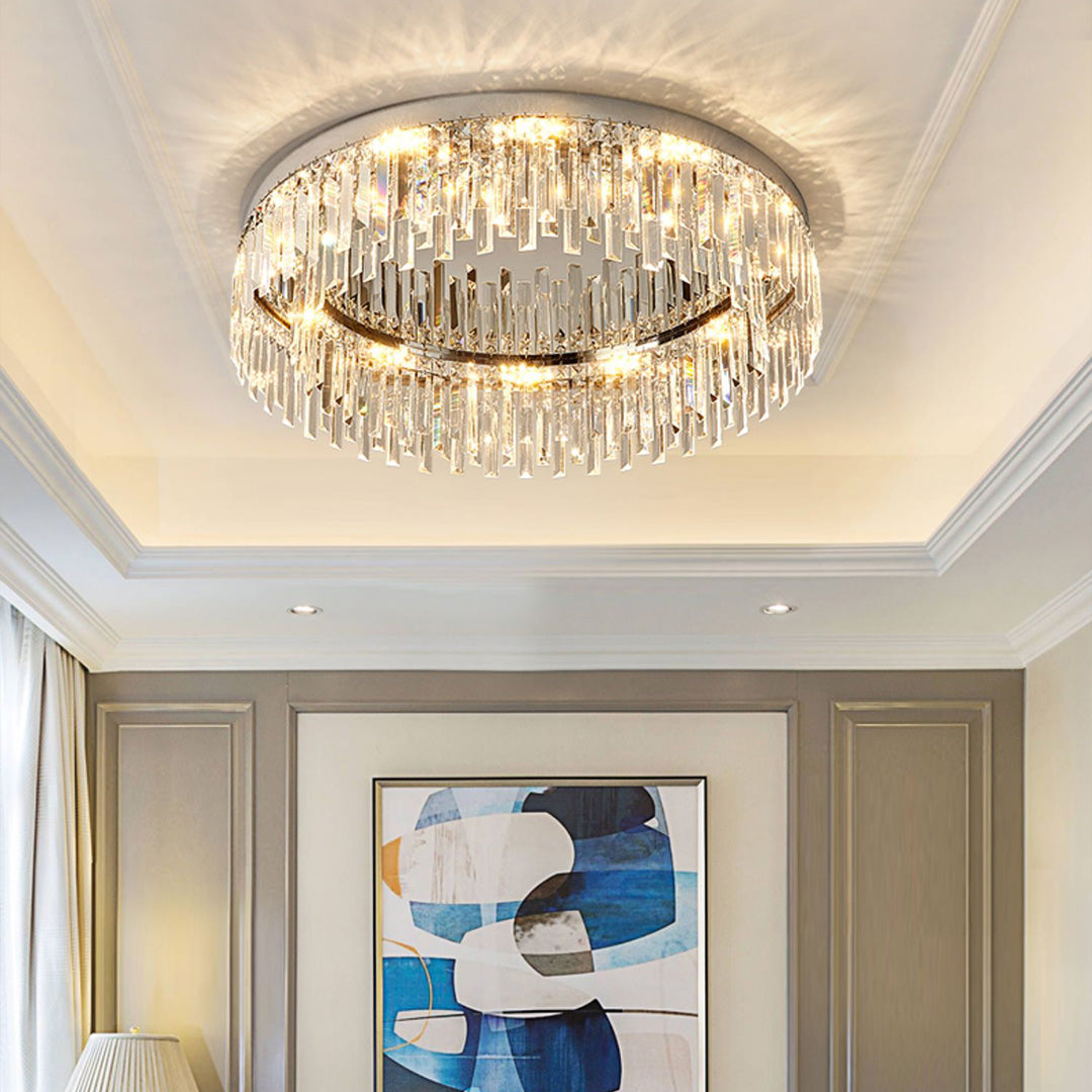 Round crystal flush mount light in modern entryway with recessed ceiling detail