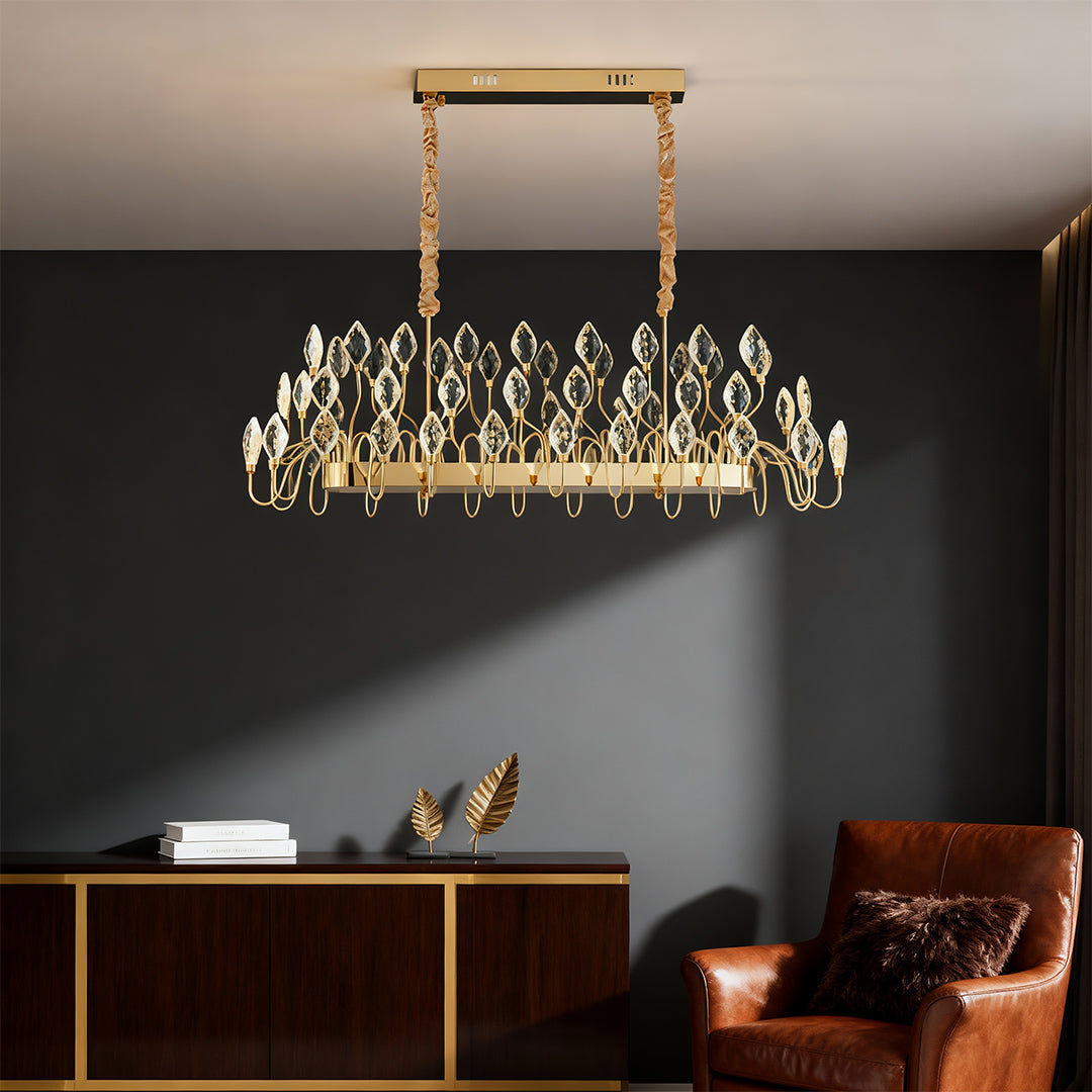 Crystal LED chandelier in a bedroom with neutral tones.