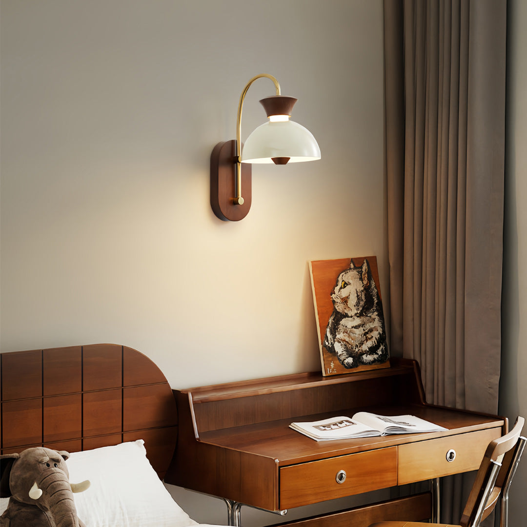 Solar lights outdoor wall mounted above a writing desk in a warm, cozy bedroom.