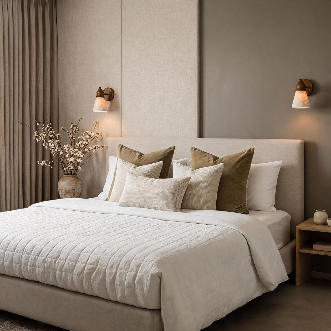 Down light wall sconce installed on both sides of a bedroom for warm symmetrical lighting.