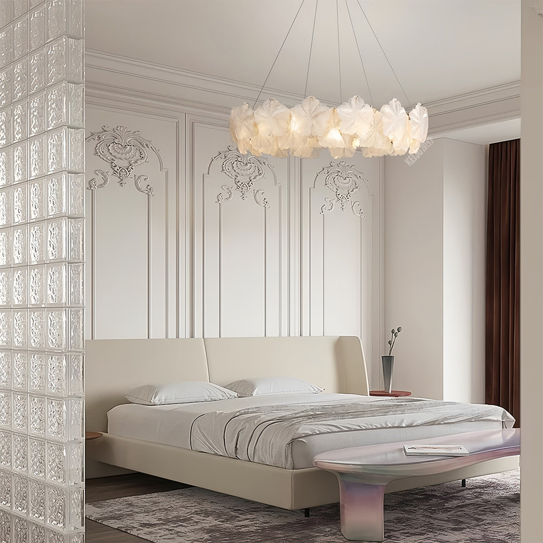 Luxurious bedroom featuring glass garland chandelier lights as centerpiece with sophisticated interior design elements