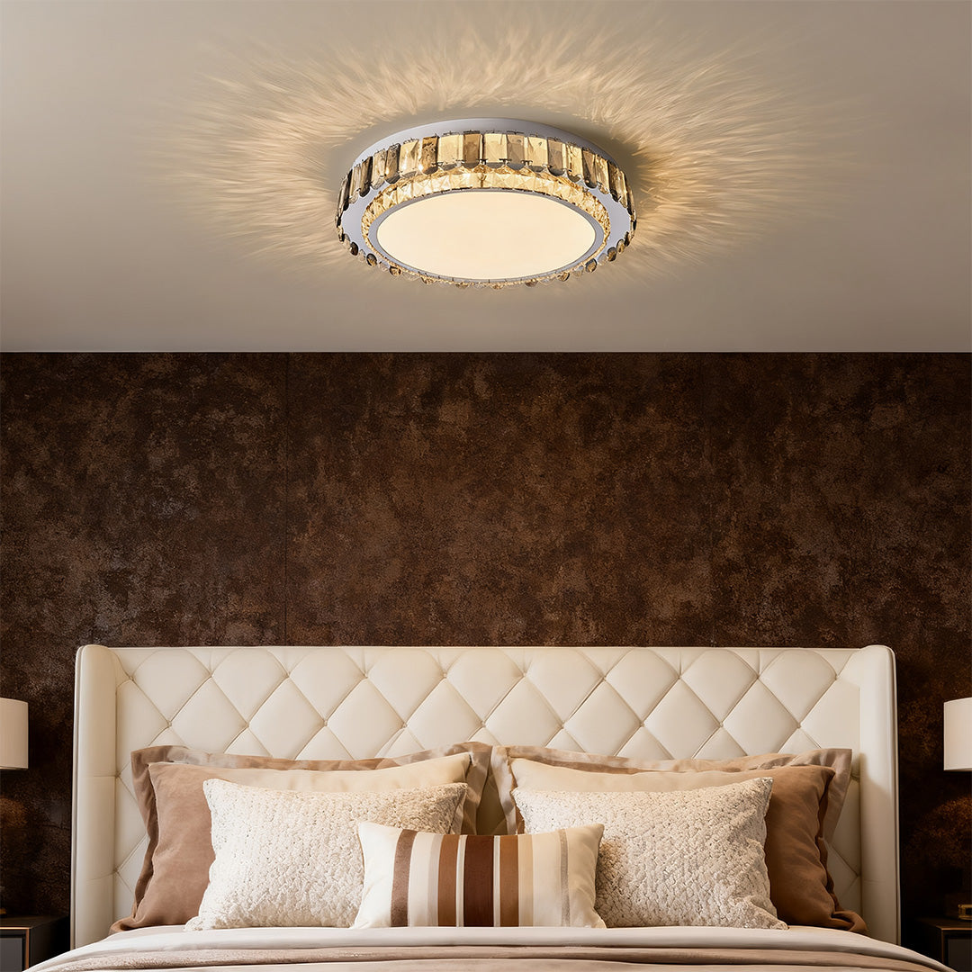 LED light fixture flush mount in modern bedroom with dark accent wall.