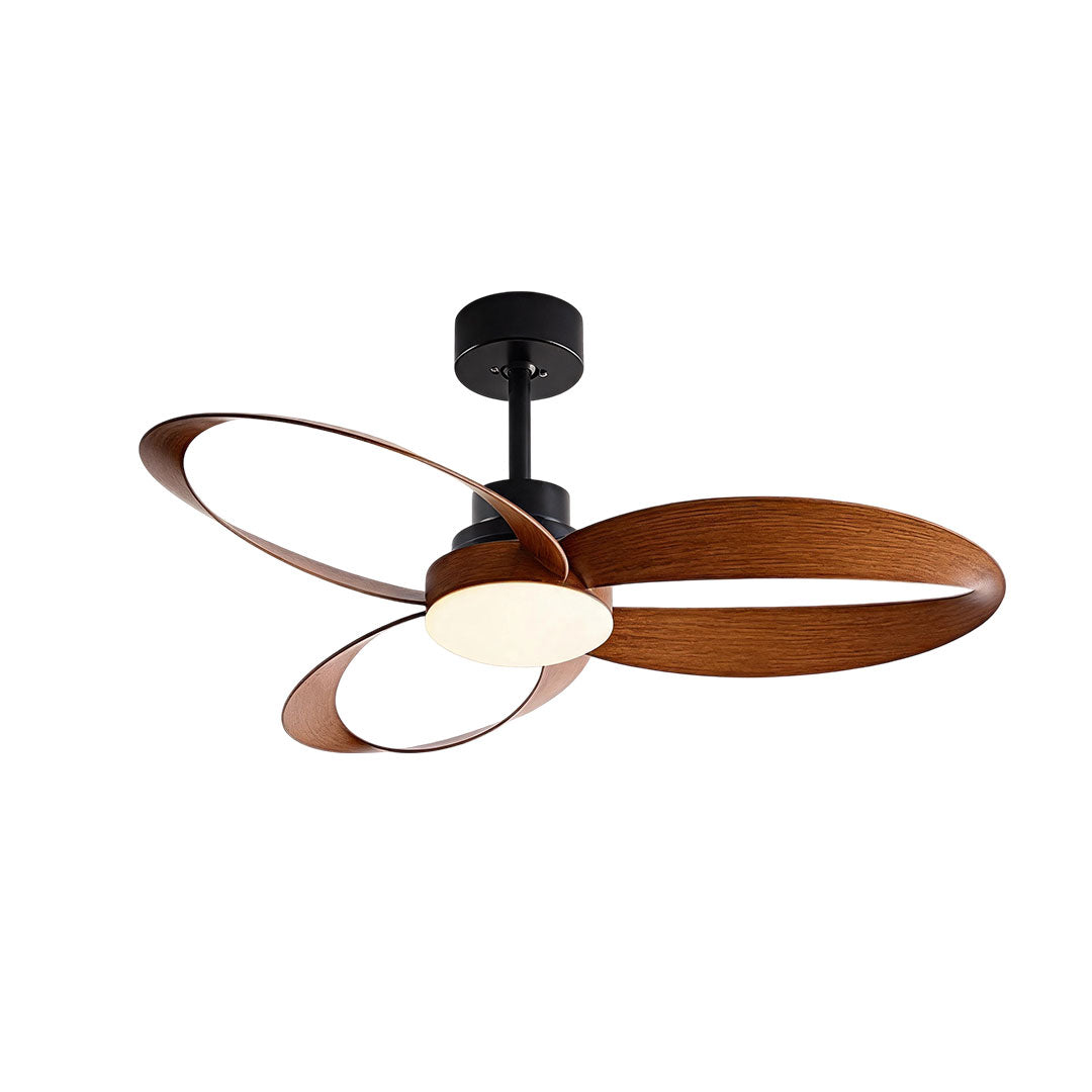 Black modern ceiling fans with light installed above a contemporary bedroom with warm wood finishes.