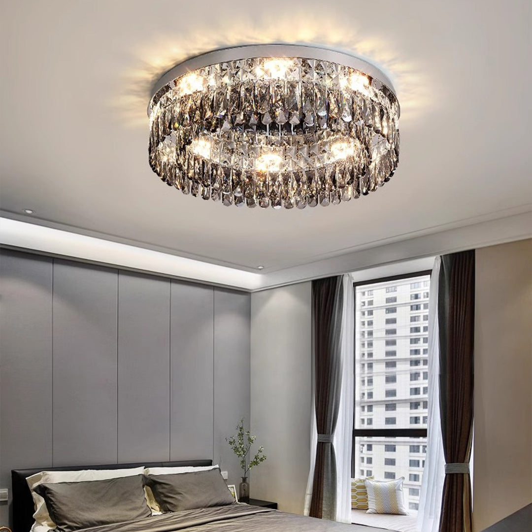Stylish bedroom interior displaying elegant ceiling round led lights with circular crystal chandelier