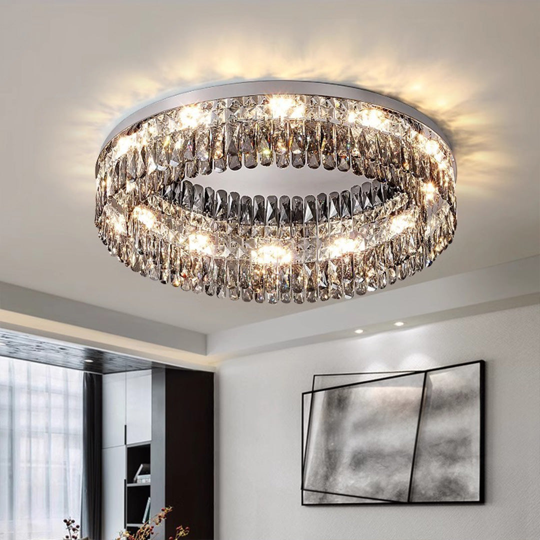 Contemporary bedroom featuring elegant ceiling round led lights with crystal chandelier as focal point