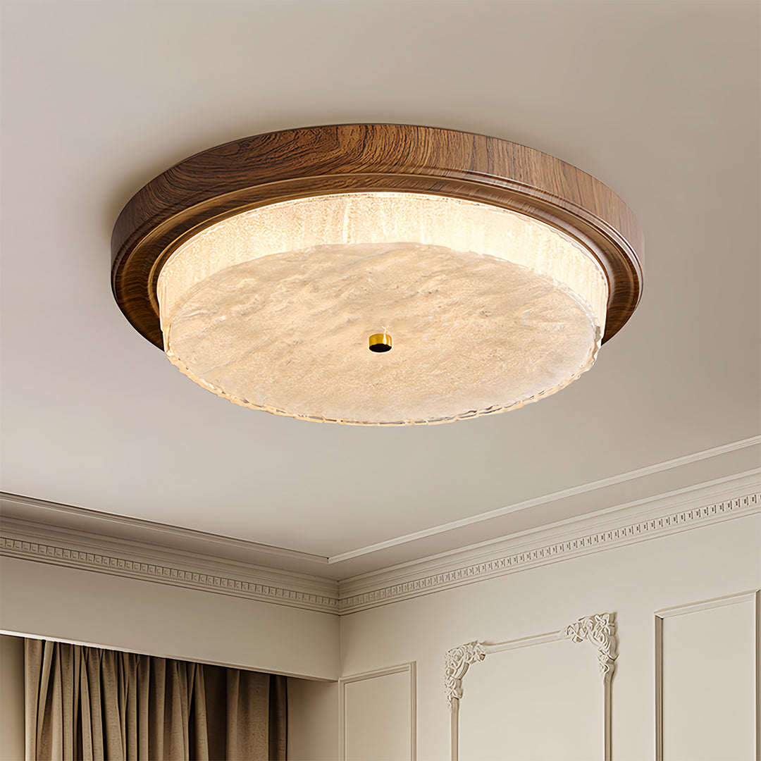 Wood flush mount ceiling light mounted in bedroom creating comfortable ambient room lighting