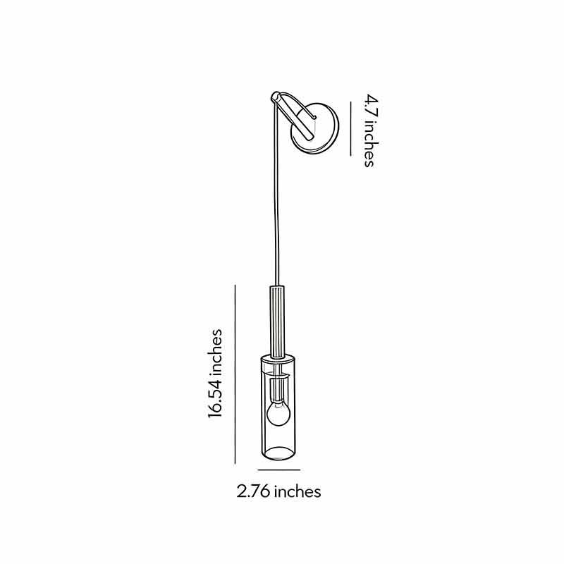 Technical drawing showing the dimensions of the bedside hanging wall lamp in inches.